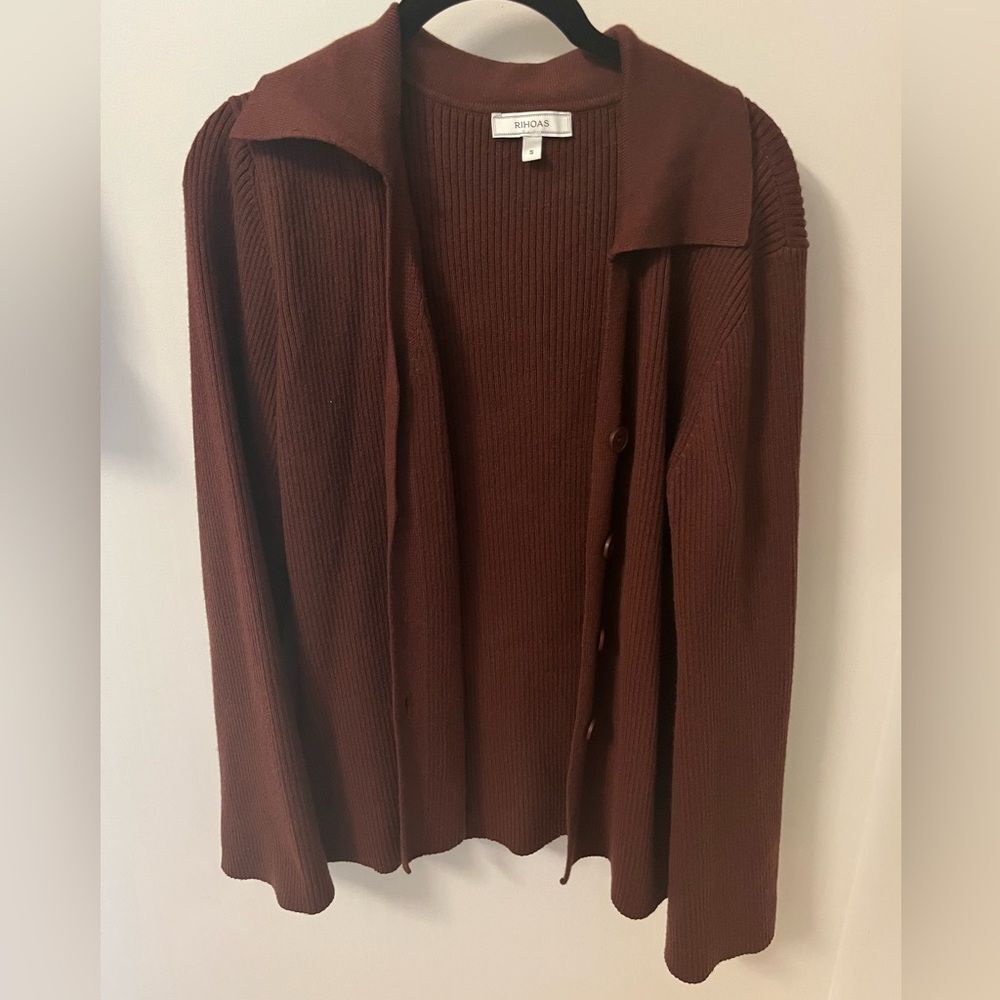 Brown Ribbed Button-Front Women’s Sweater Size S